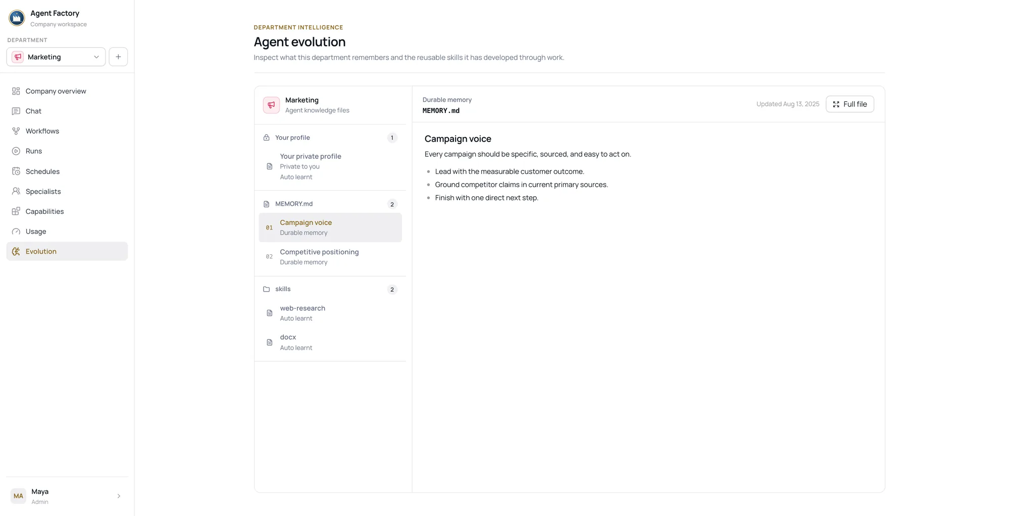 The Agent Factory Evolution workspace for Marketing: a private profile, two durable memory files under MEMORY.md, and two auto-learnt skills, with the Campaign voice memory open.